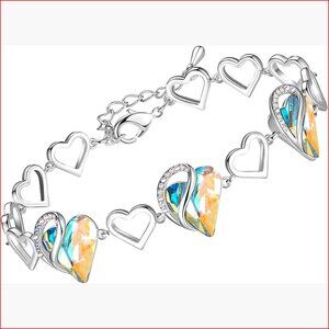 Silver Tone Rhodium Plated Brass Heart Link Bracelet with Birthstone Crystal